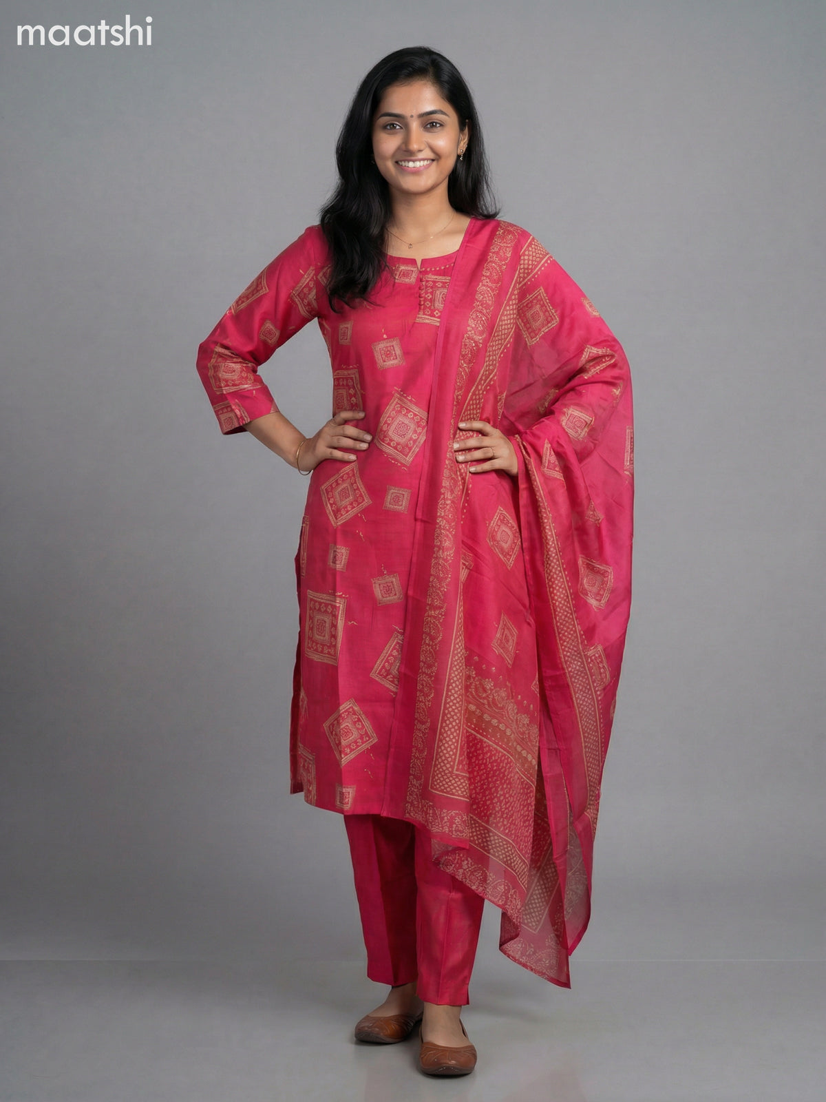 Pink Semi Silk Printed Straight Suit