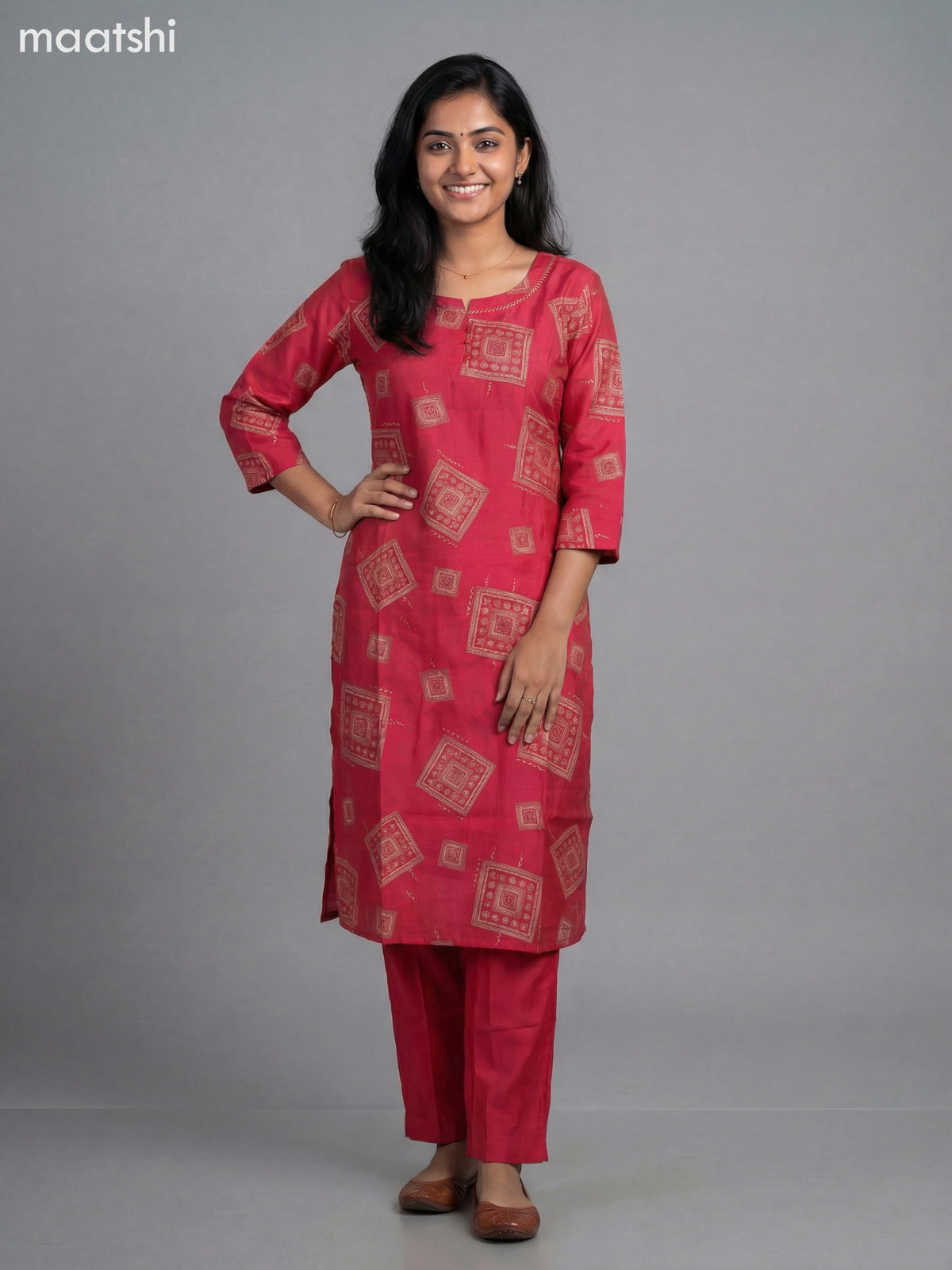 Pink Semi Silk Printed Straight Suit