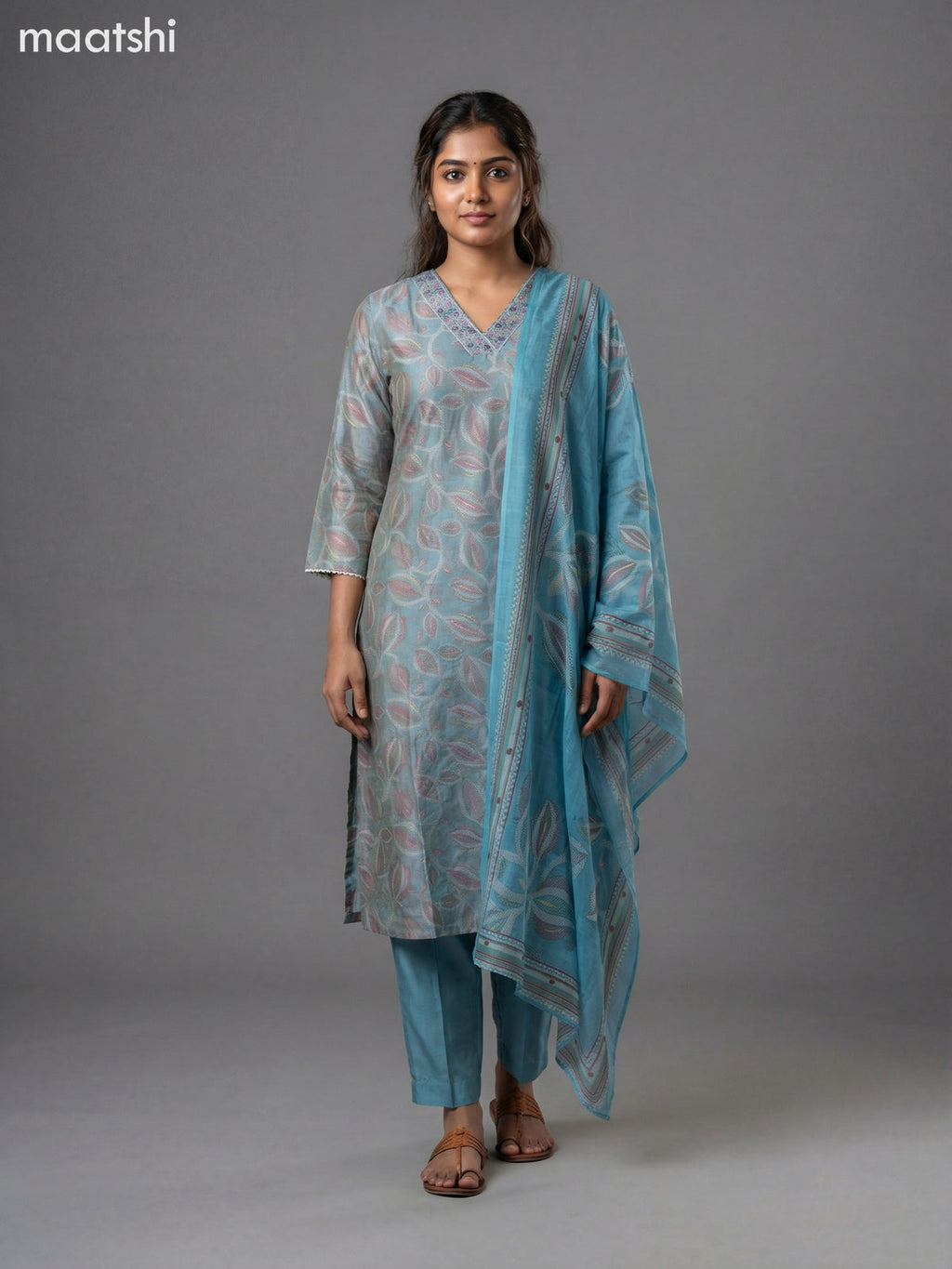 Teal Shade Semi Silk Printed & Embroidery Work Straight Suit