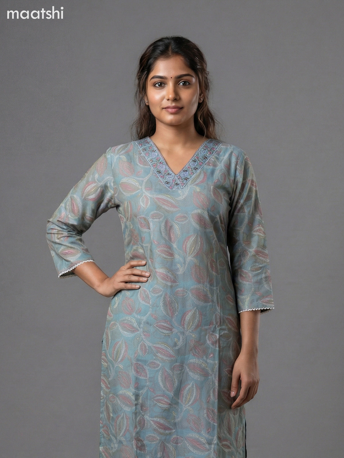 Teal Shade Semi Silk Printed & Embroidery Work Straight Suit