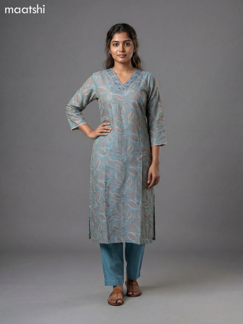Teal Shade Semi Silk Printed & Embroidery Work Straight Suit