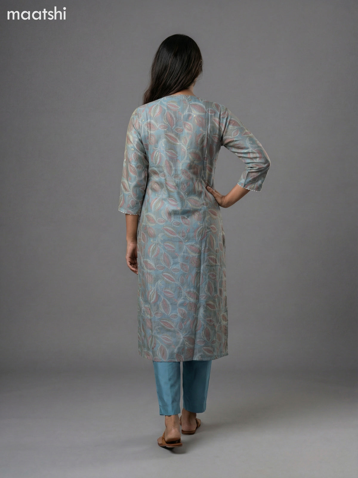 Teal Shade Semi Silk Printed & Embroidery Work Straight Suit