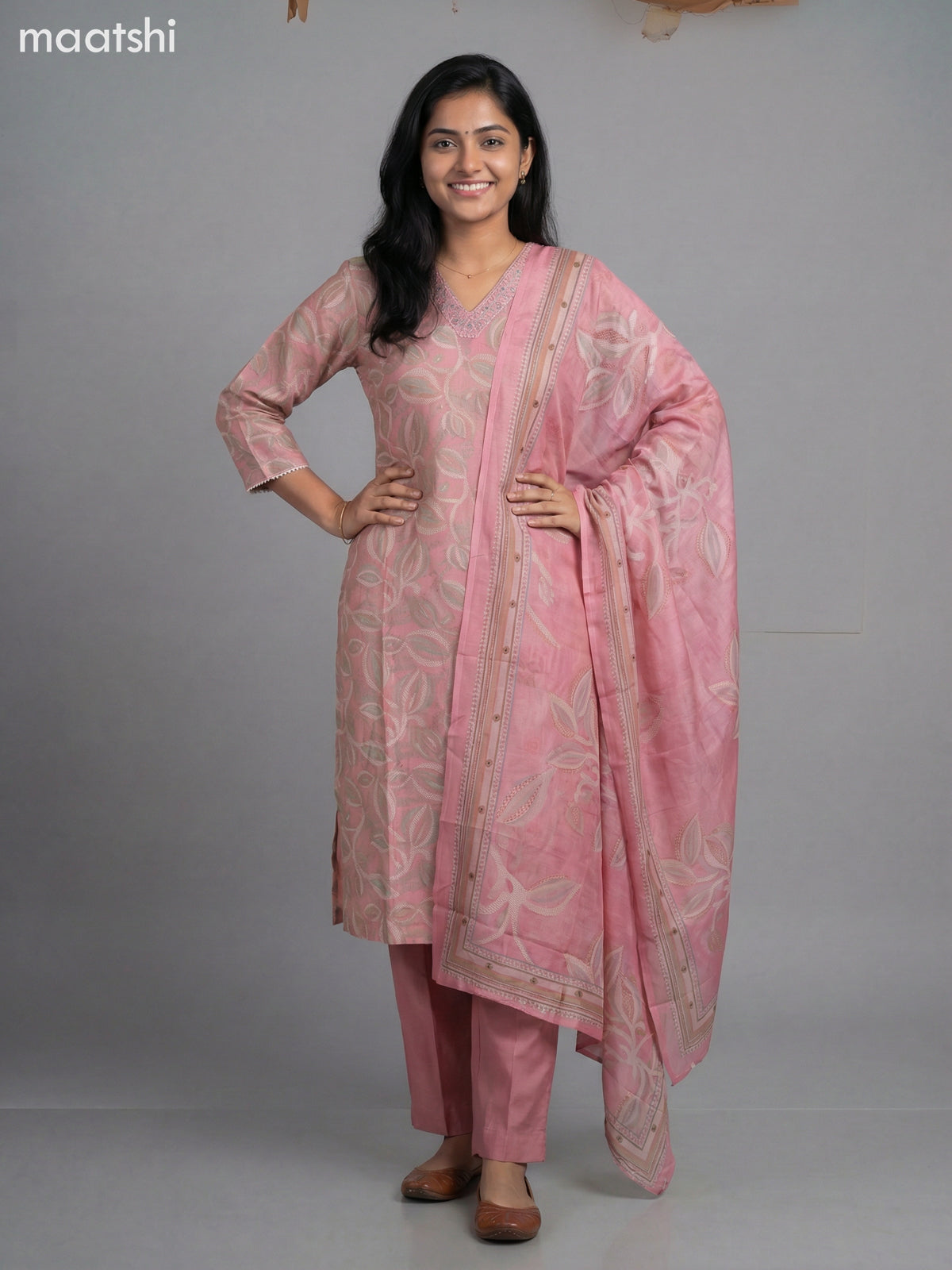 Peach Pink Semi Silk Printed & Embroidery Work Straight Suit