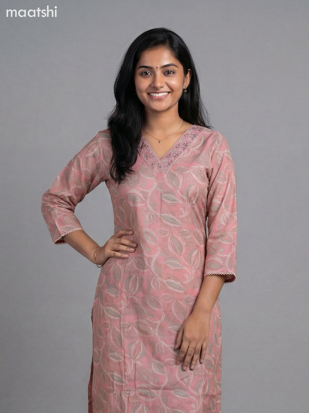 Peach Pink Semi Silk Printed & Embroidery Work Straight Suit