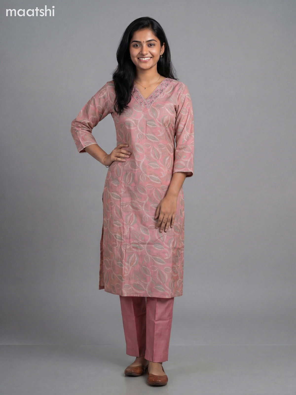 Peach Pink Semi Silk Printed & Embroidery Work Straight Suit