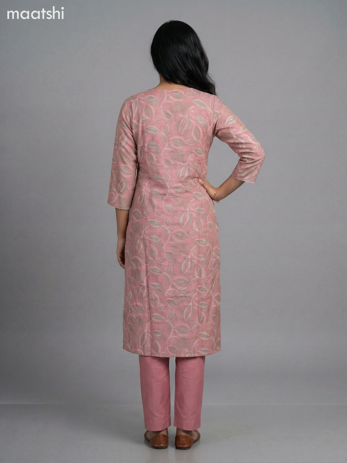 Peach Pink Semi Silk Printed & Embroidery Work Straight Suit