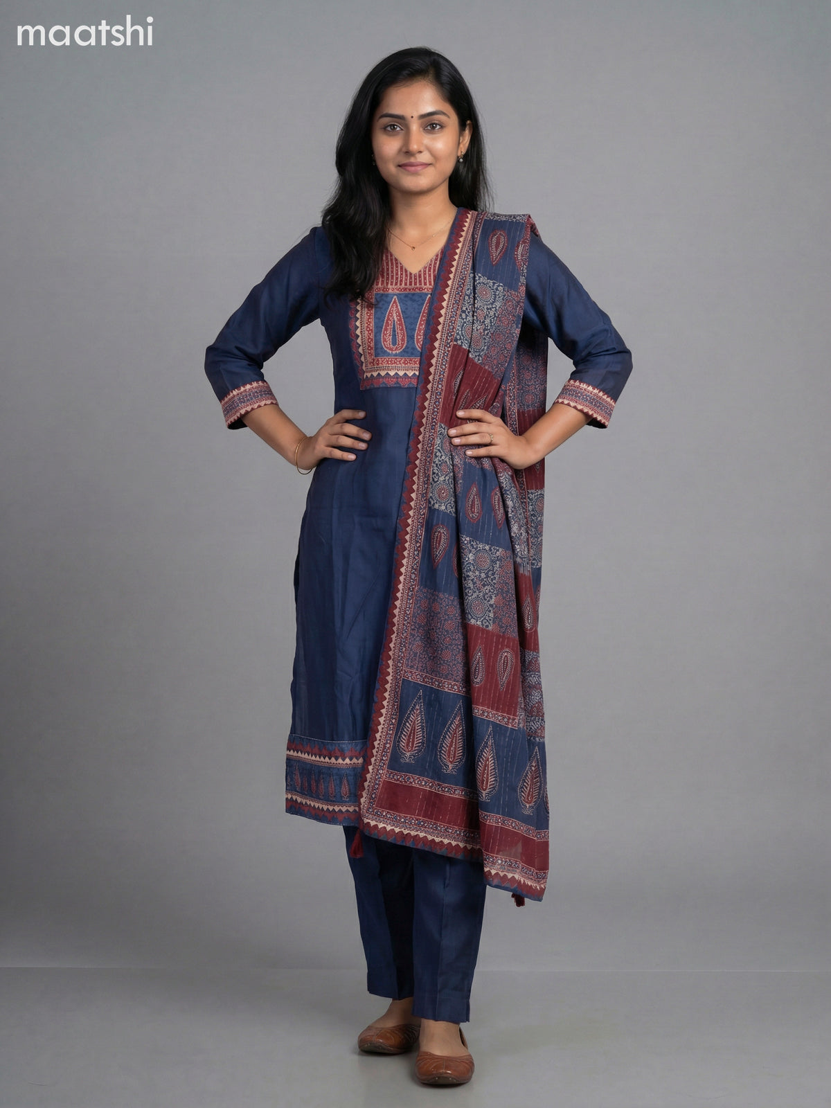 Dark Peacock Blue Semi Silk Ajrakh Printed Neck Pattern Straight Suit