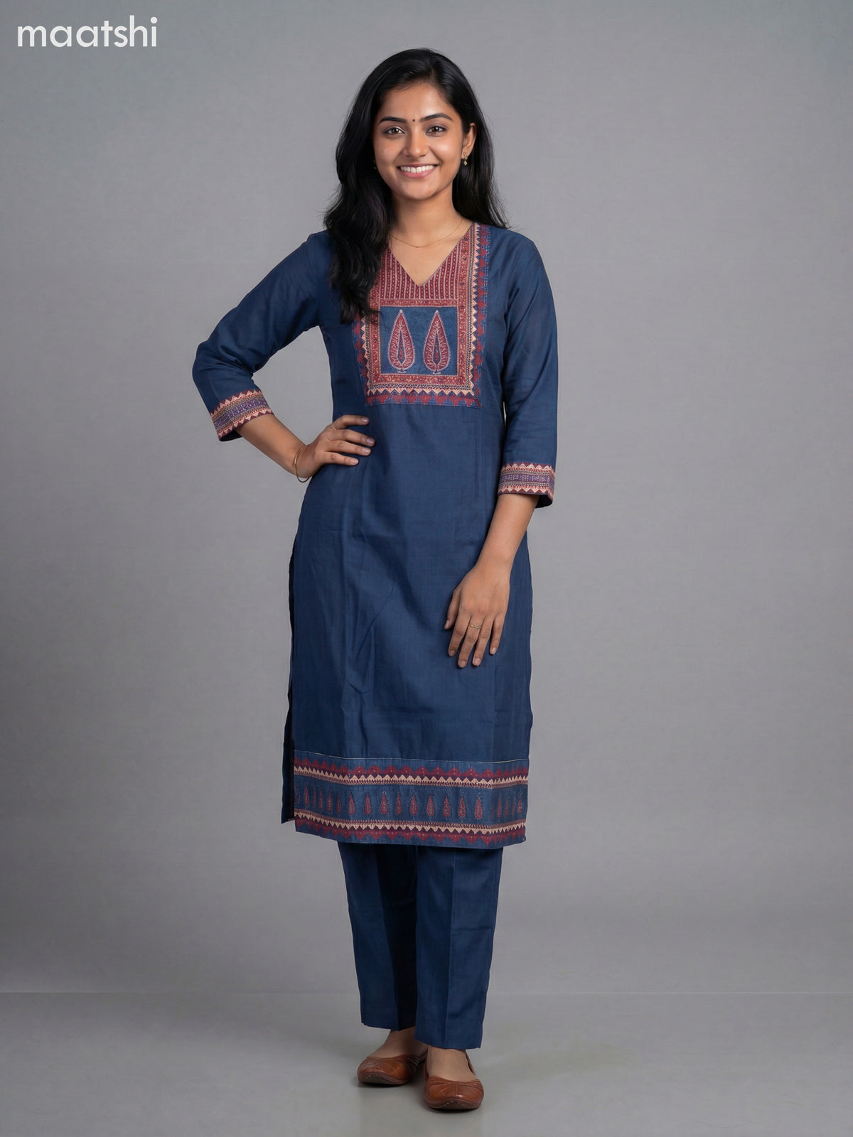 Dark Peacock Blue Semi Silk Ajrakh Printed Neck Pattern Straight Suit