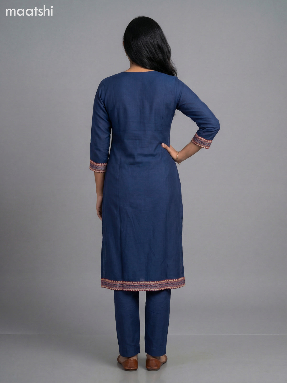 Dark Peacock Blue Semi Silk Ajrakh Printed Neck Pattern Straight Suit
