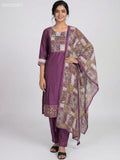 Dark Mauve Pink Semi Silk Lace Work & Printed Neck Pattern Straight Suit
