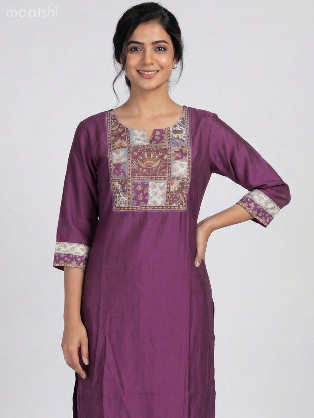 Dark Mauve Pink Semi Silk Lace Work & Printed Neck Pattern Straight Suit