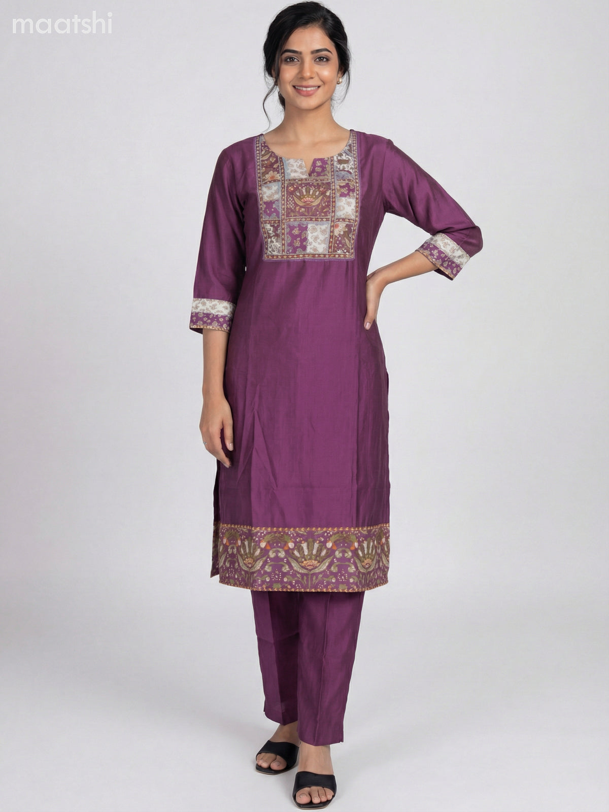 Dark Mauve Pink Semi Silk Lace Work & Printed Neck Pattern Straight Suit