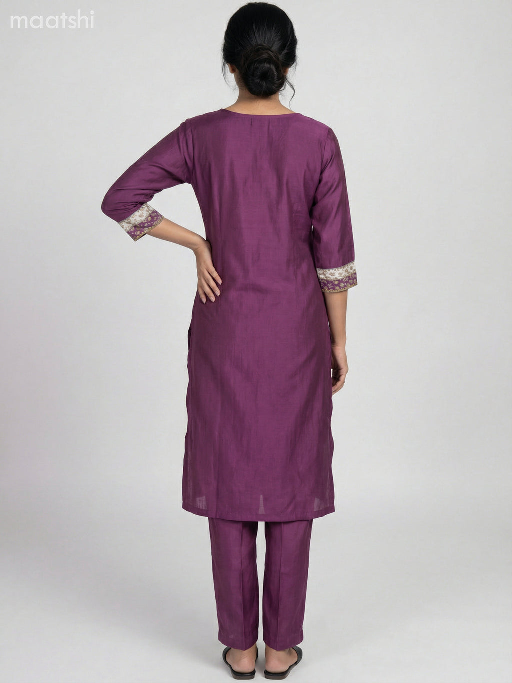 Dark Mauve Pink Semi Silk Lace Work & Printed Neck Pattern Straight Suit