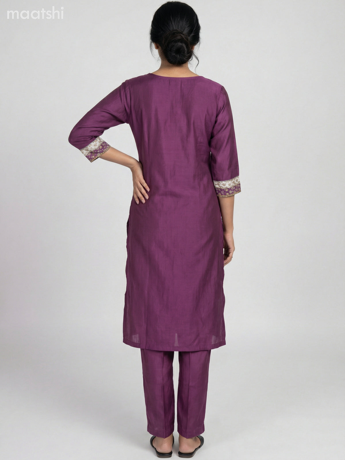 Dark Mauve Pink Semi Silk Lace Work & Printed Neck Pattern Straight Suit
