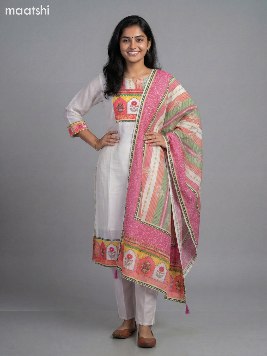 Cream Modal Lace Work & Printed Neck Pattern Straight Suit