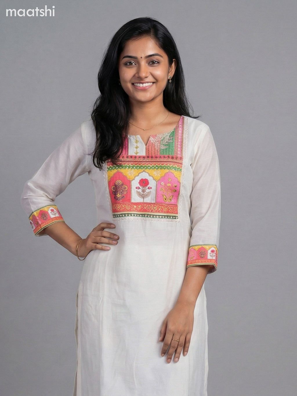 Cream Modal Lace Work & Printed Neck Pattern Straight Suit
