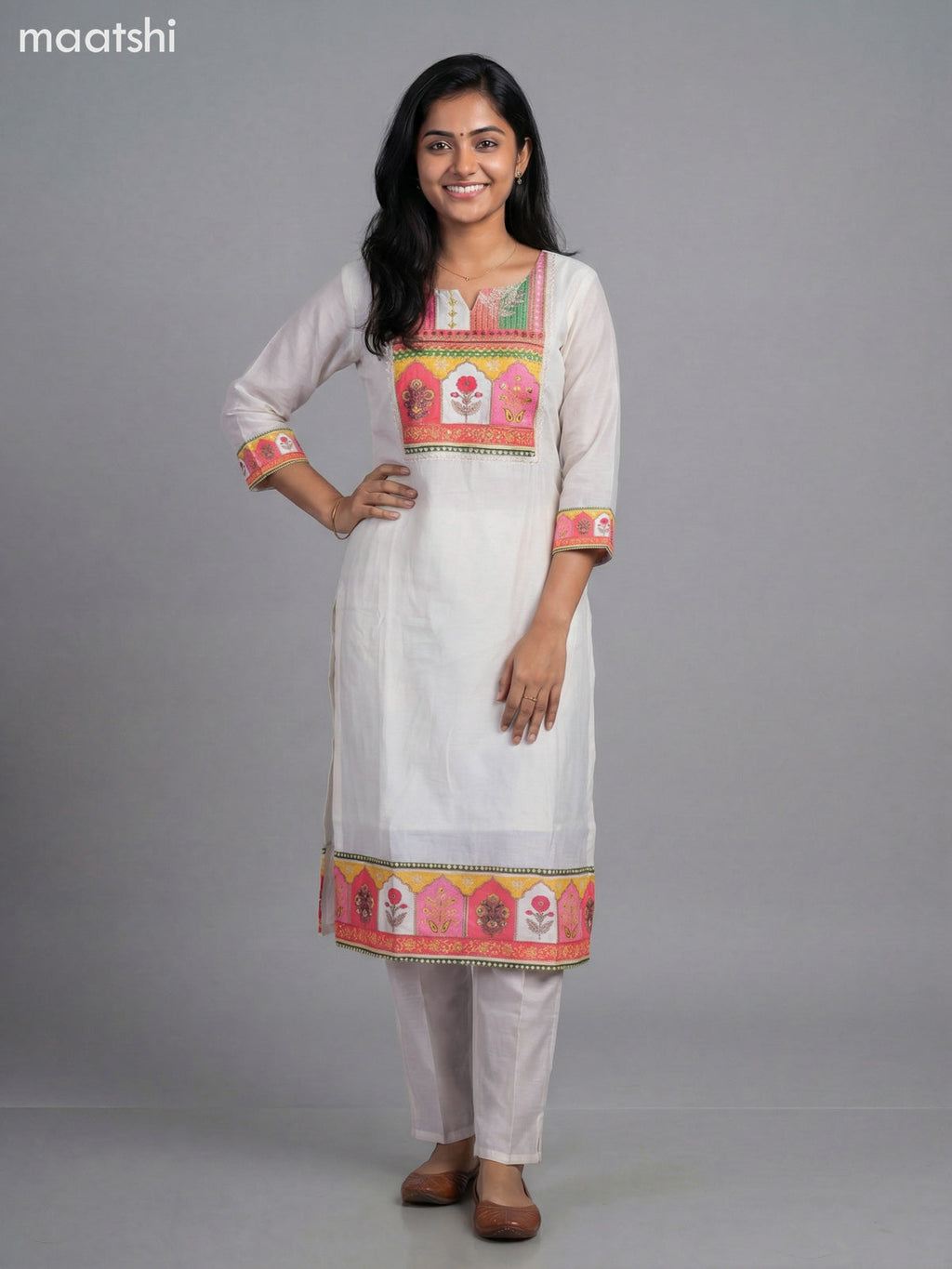 Cream Modal Lace Work & Printed Neck Pattern Straight Suit
