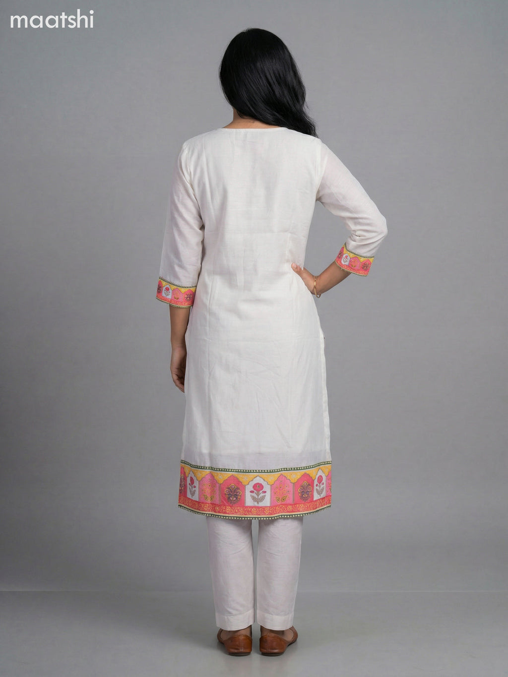 Cream Modal Lace Work & Printed Neck Pattern Straight Suit