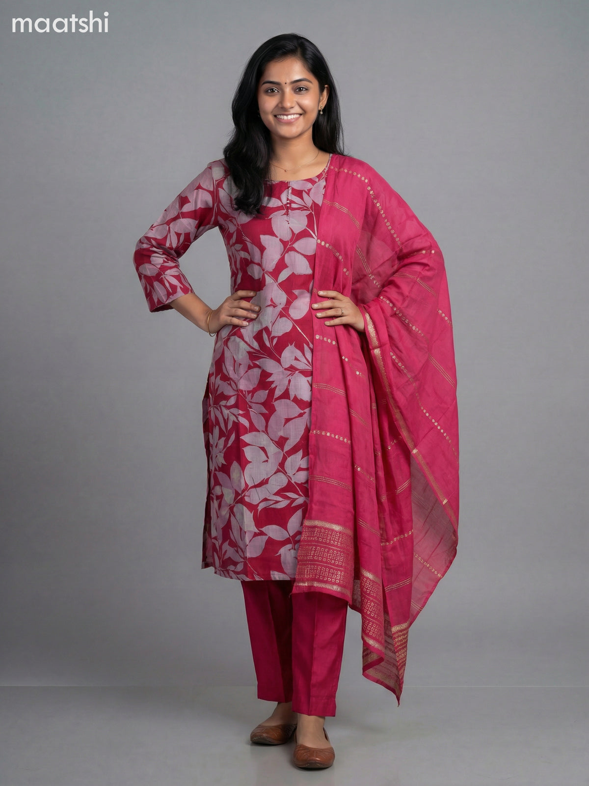 Pink Semi Silk Floral Printed Straight Suit