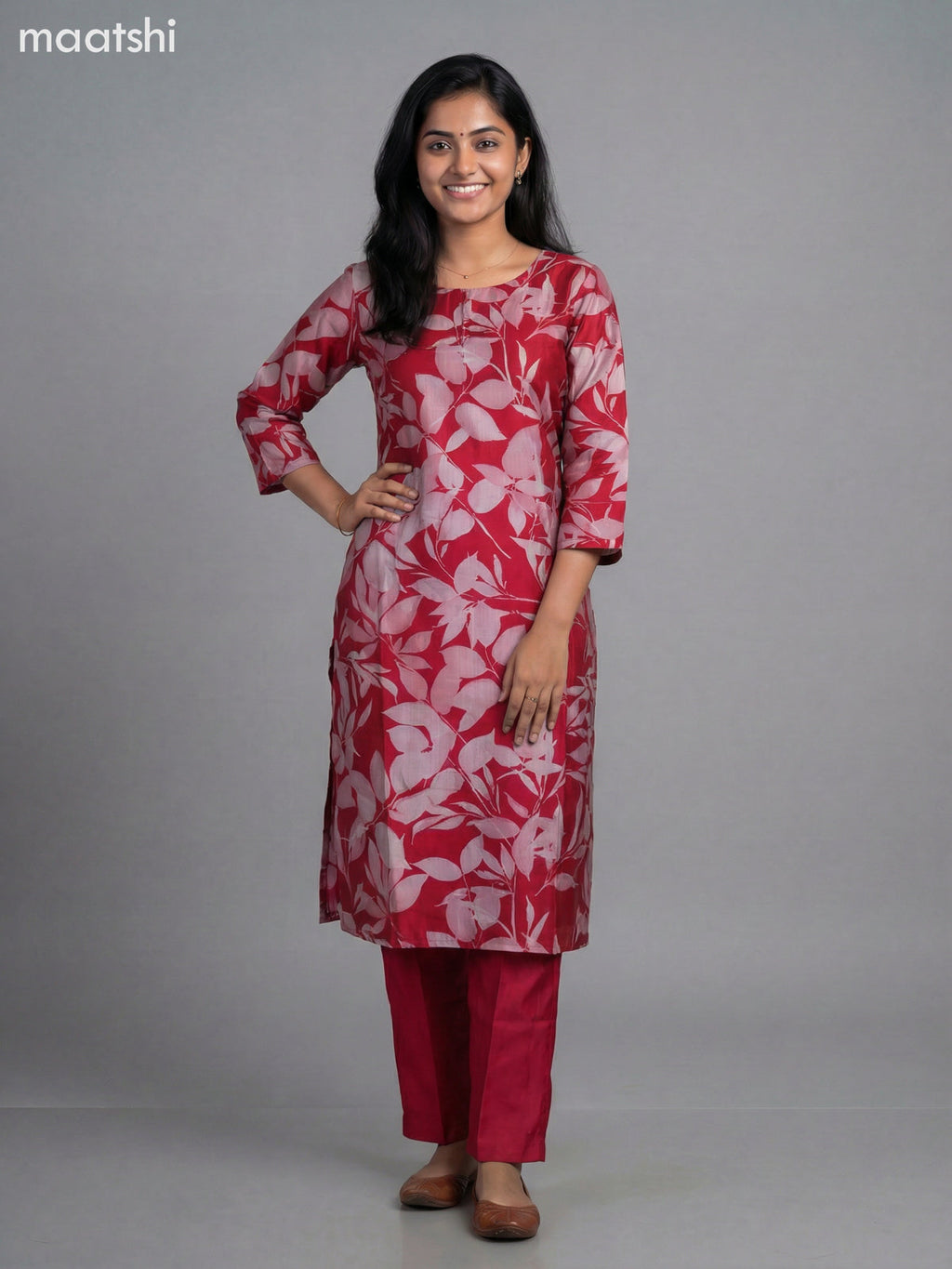 Pink Semi Silk Floral Printed Straight Suit