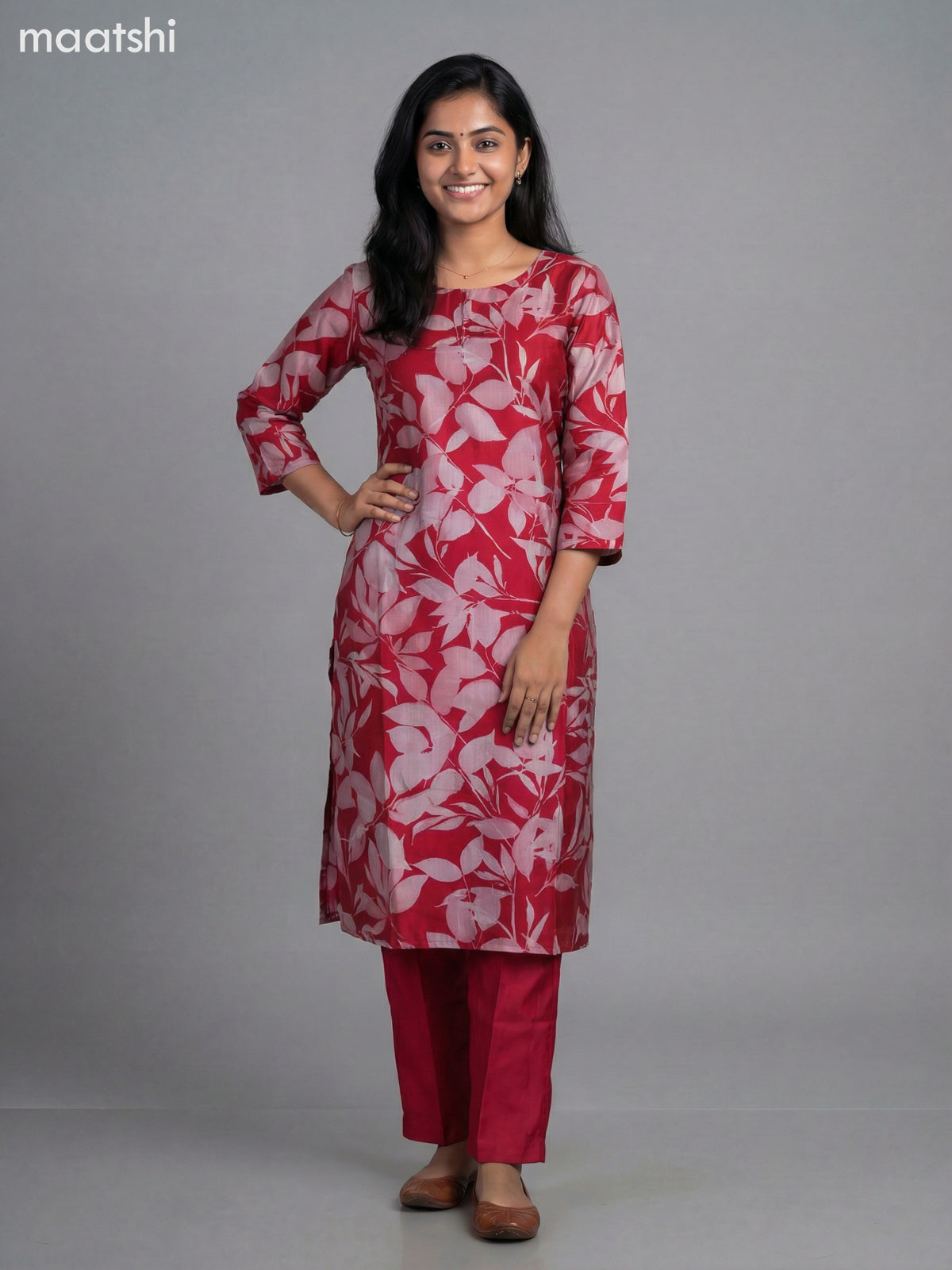 Pink Semi Silk Floral Printed Straight Suit