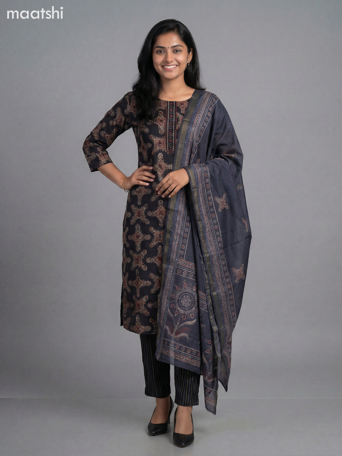 Black Modal Printed Straight Suit