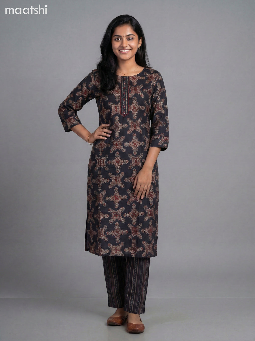 Black Modal Printed Straight Suit