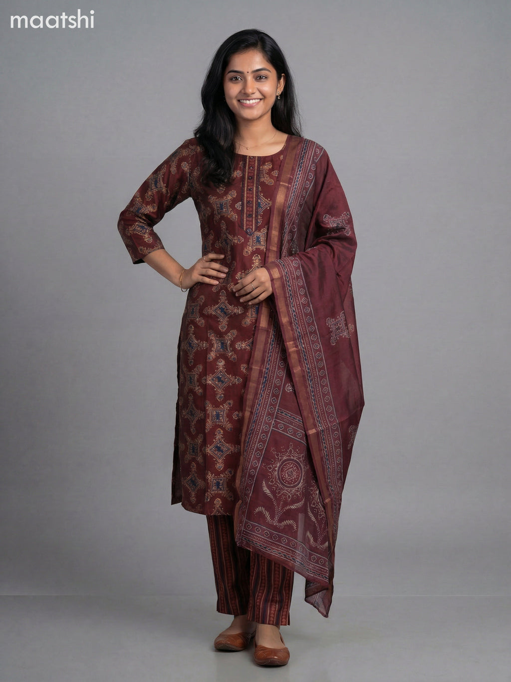Maroon Modal Printed Straight Suit