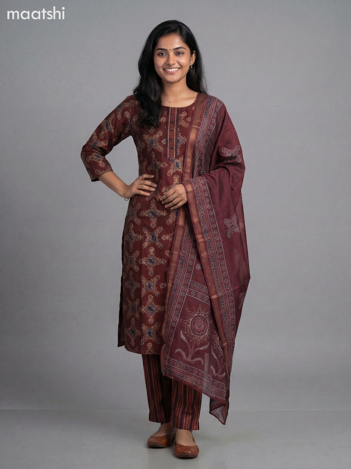 Maroon Modal Printed Straight Suit