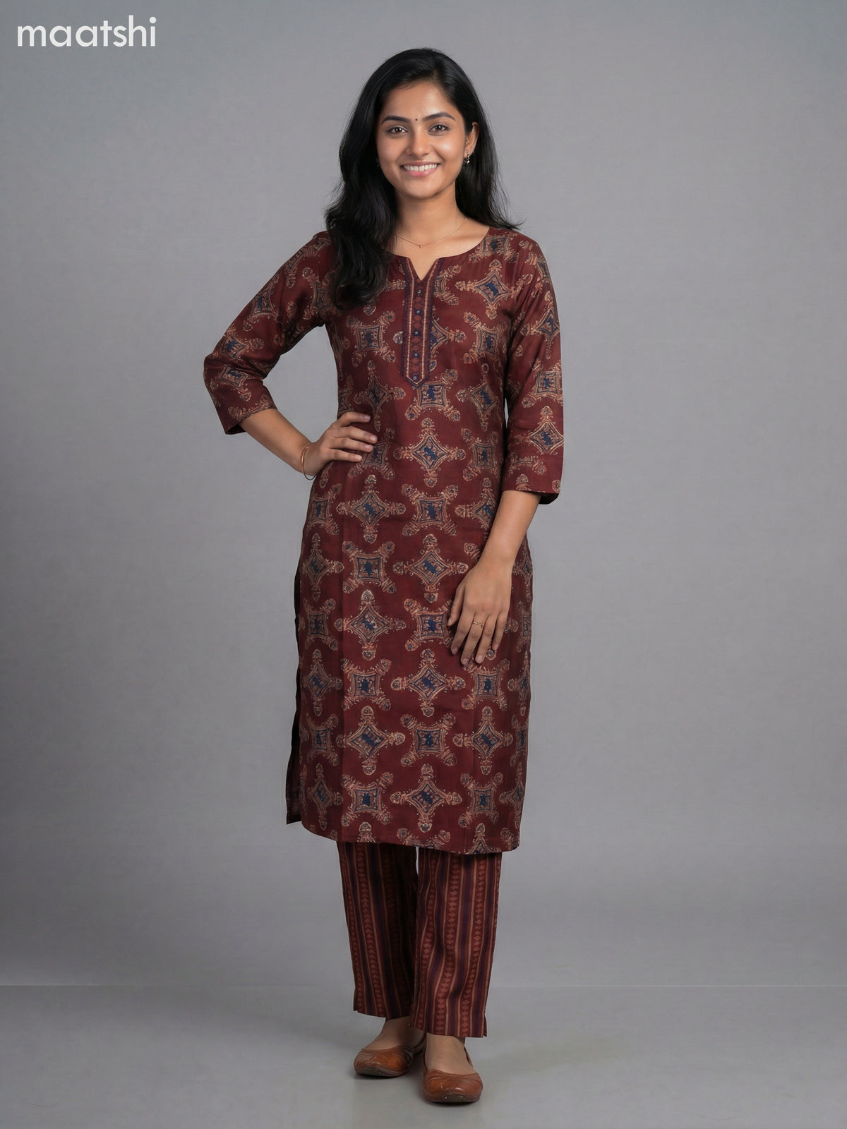 Maroon Modal Printed Straight Suit
