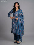 Peacock Blue Semi Silk Floral Printed Straight Suit