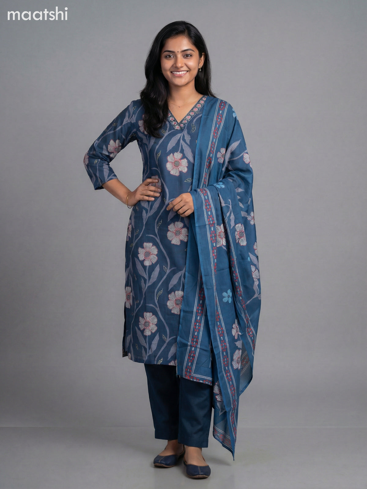 Peacock Blue Semi Silk Floral Printed Straight Suit