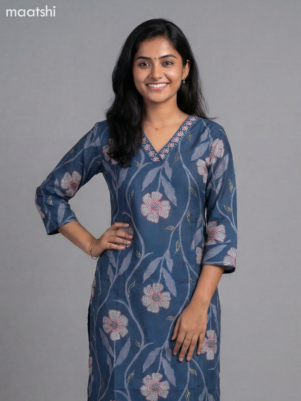 Peacock Blue Semi Silk Floral Printed Straight Suit