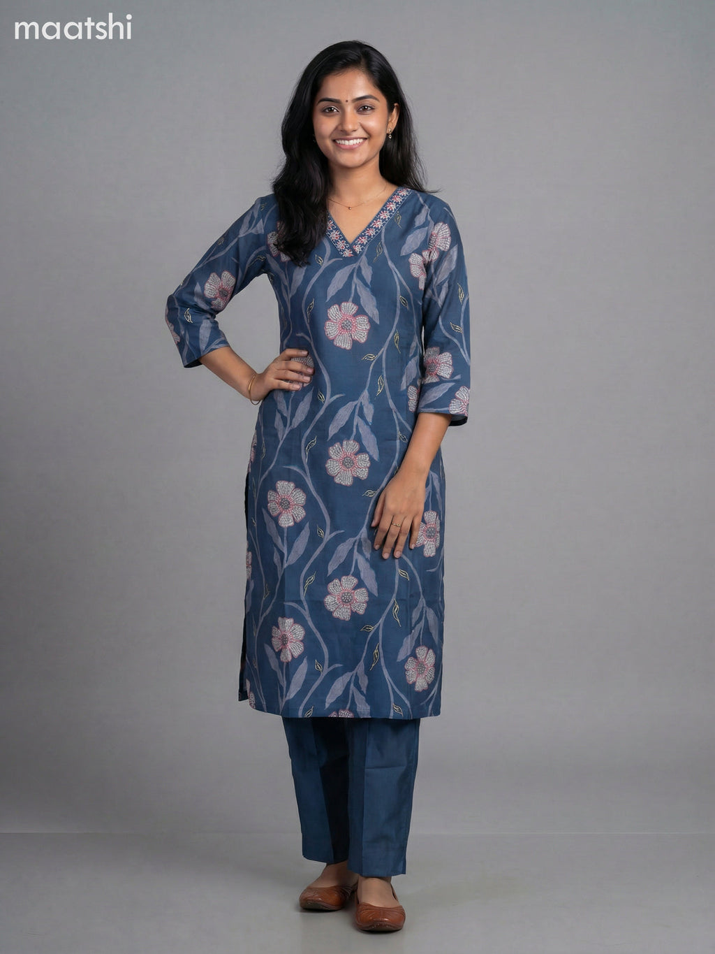 Peacock Blue Semi Silk Floral Printed Straight Suit