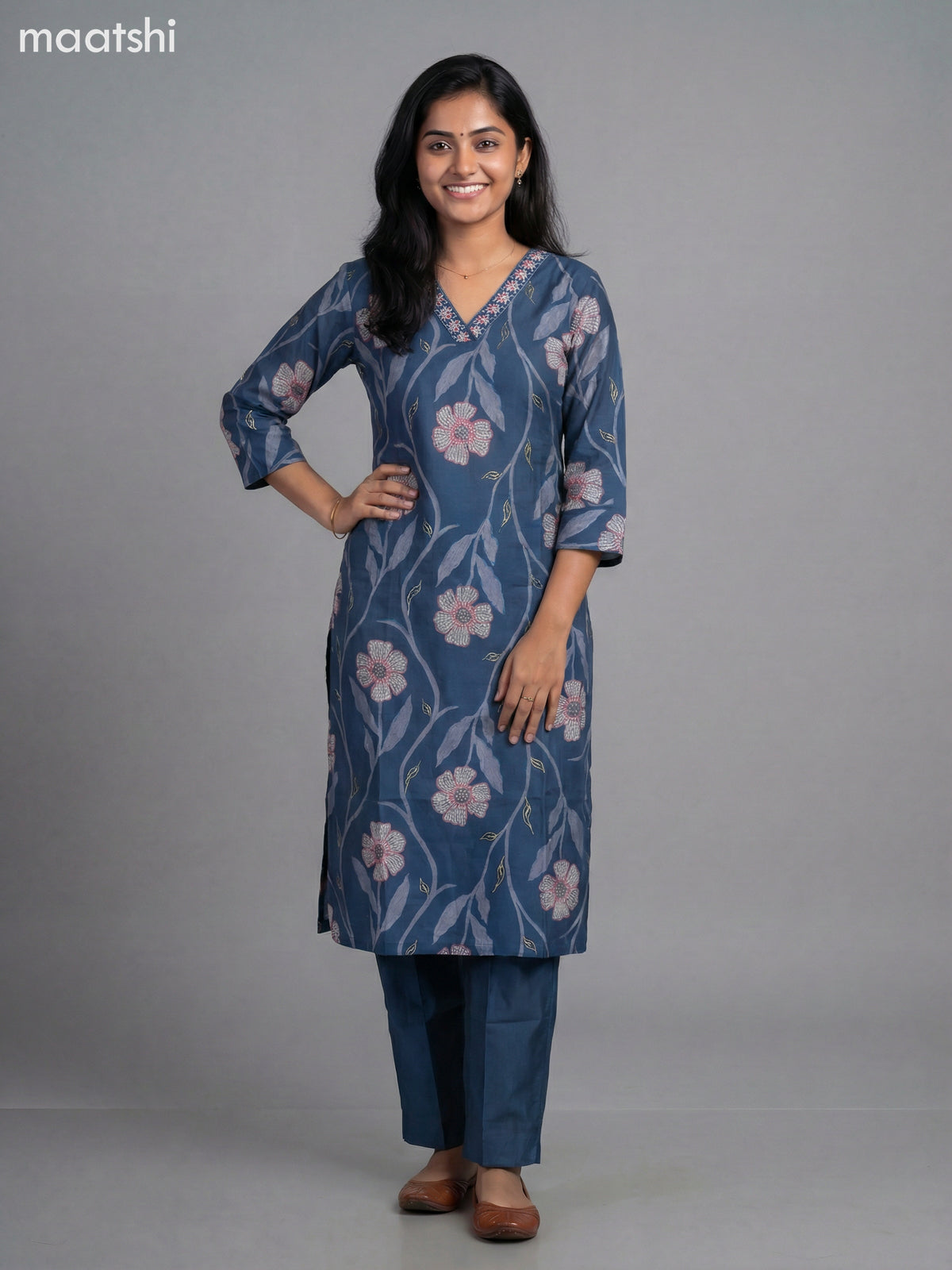 Peacock Blue Semi Silk Floral Printed Straight Suit