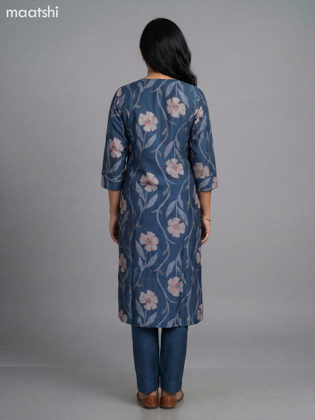 Peacock Blue Semi Silk Floral Printed Straight Suit