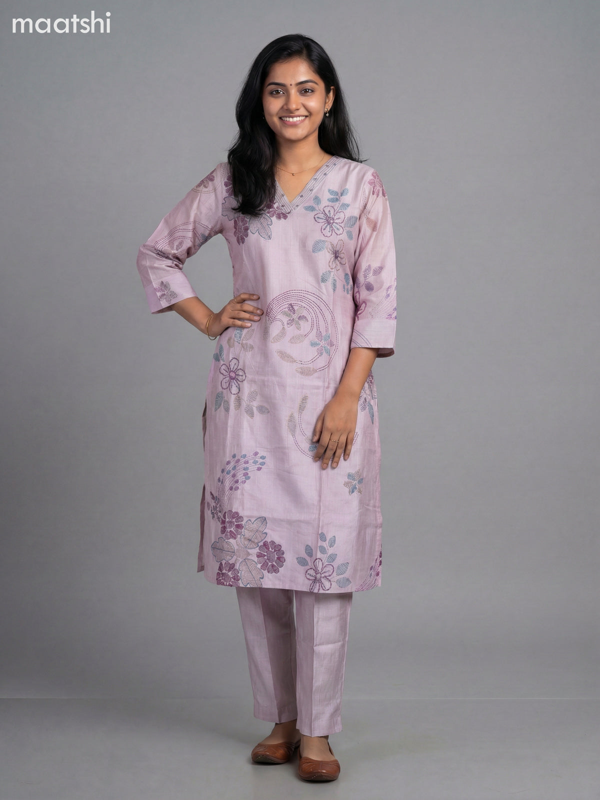 Pastel Pink Shade Semi Silk Printed Straight Suit