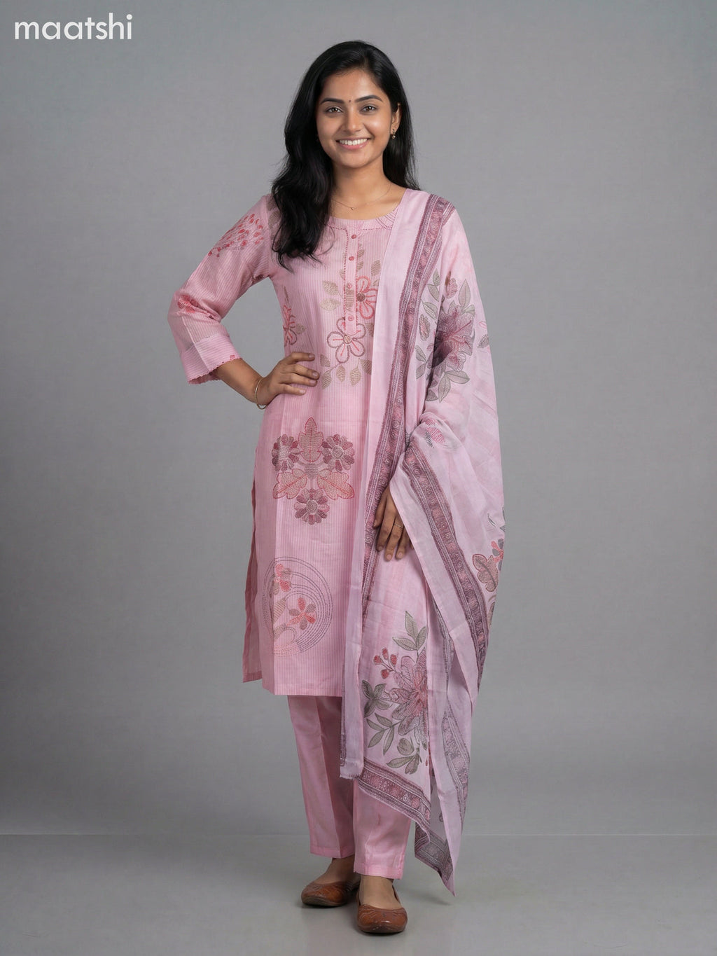 Baby Pink Semi Silk Printed Straight Suit