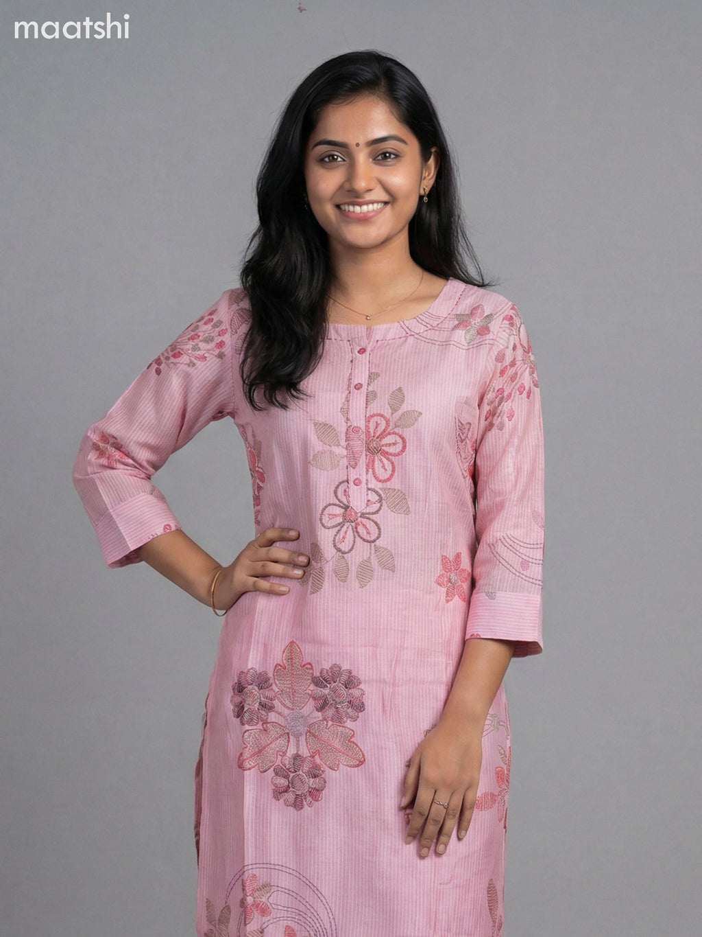 Baby Pink Semi Silk Printed Straight Suit