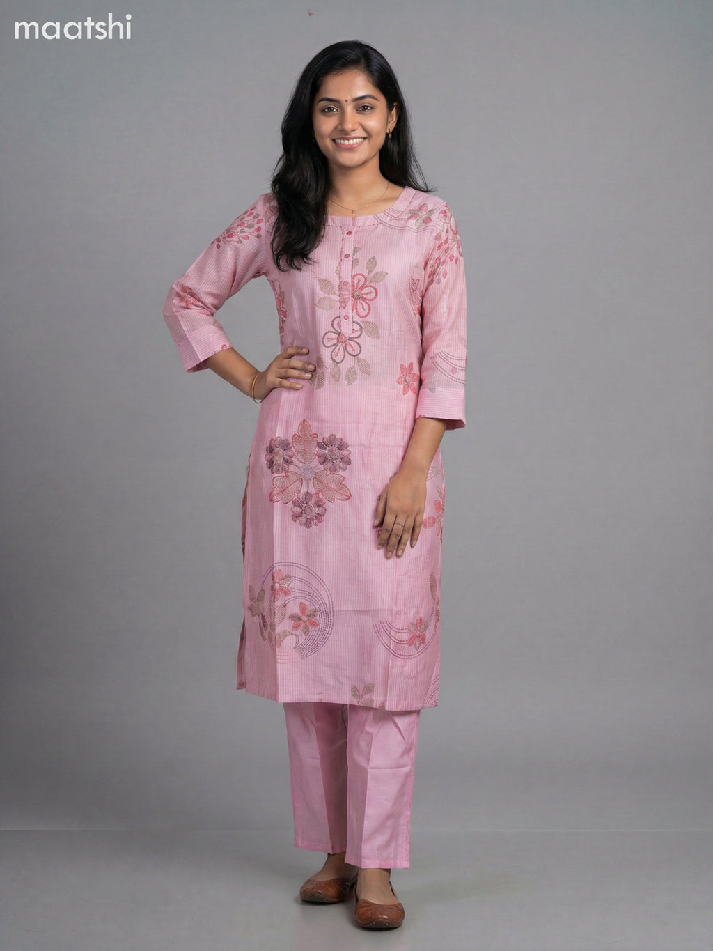 Baby Pink Semi Silk Printed Straight Suit