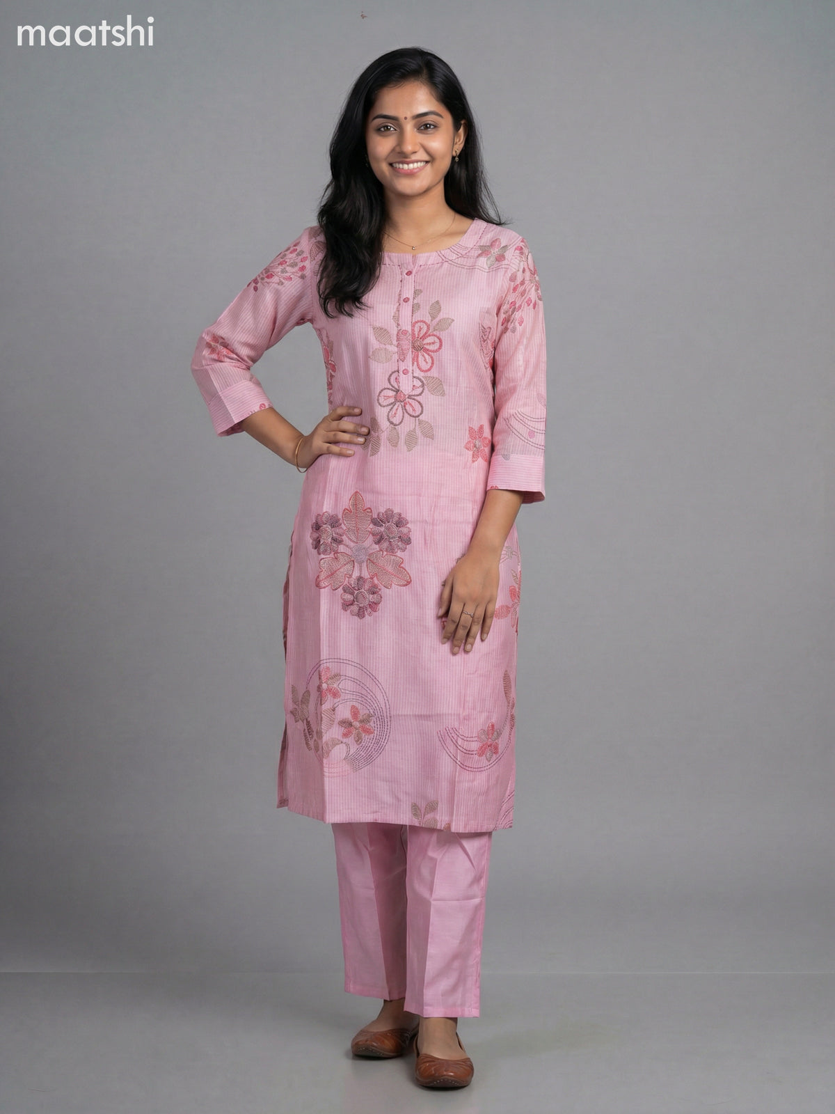 Baby Pink Semi Silk Printed Straight Suit