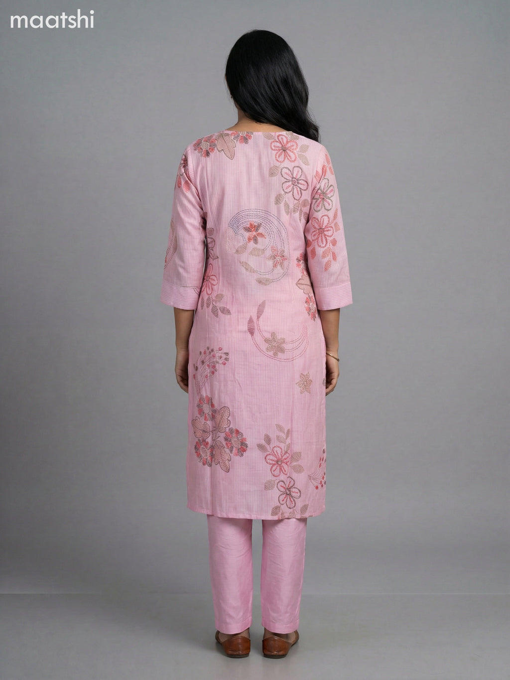 Baby Pink Semi Silk Printed Straight Suit
