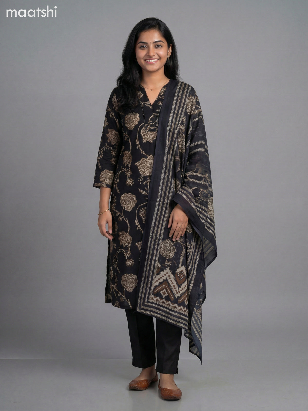 Black and Beige Semi Silk Printed Straight Suit