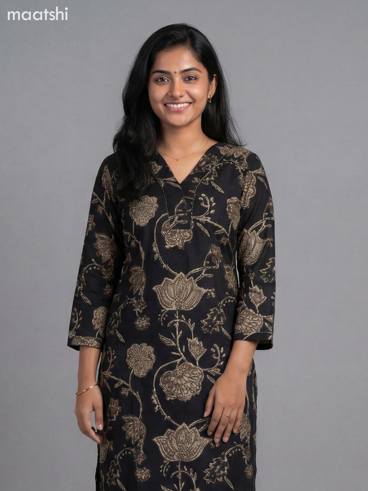 Black and Beige Semi Silk Printed Straight Suit