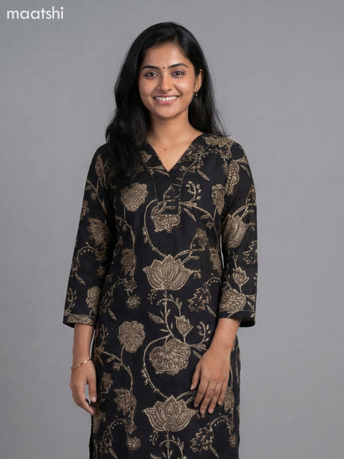 Black and Beige Semi Silk Printed Straight Suit