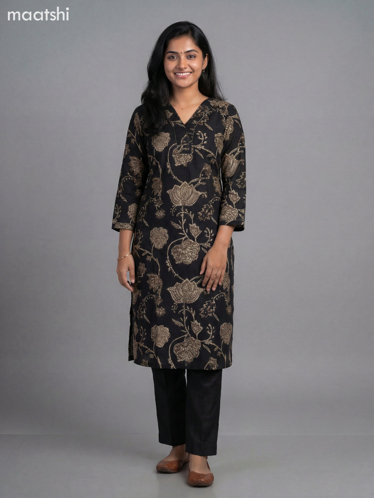 Black and Beige Semi Silk Printed Straight Suit