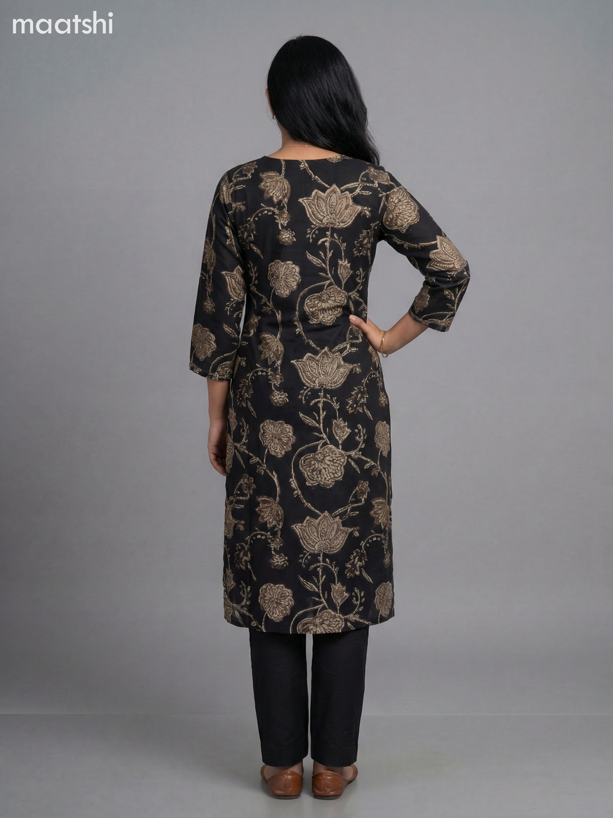 Black and Beige Semi Silk Printed Straight Suit