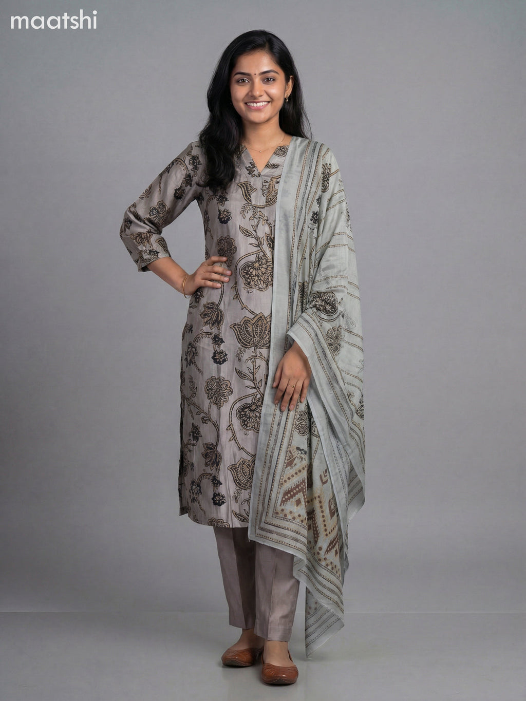 Beige and Black Semi Silk Printed Straight Suit