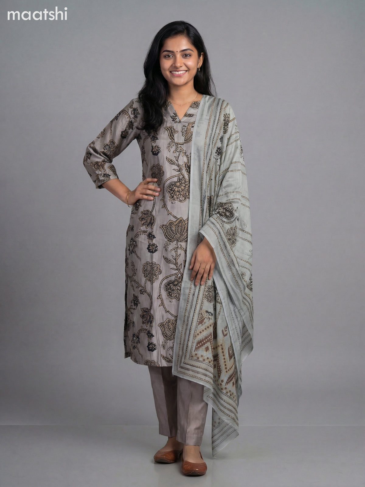 Beige and Black Semi Silk Printed Straight Suit