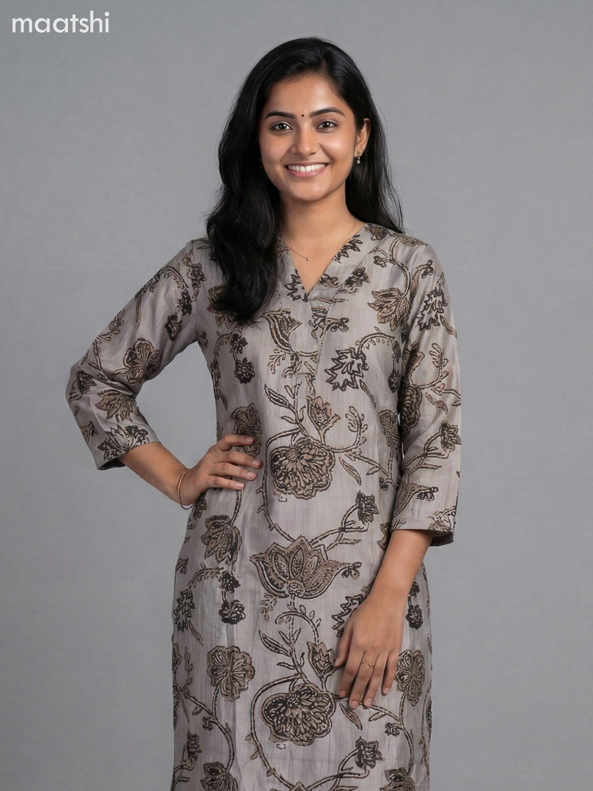 Beige and Black Semi Silk Printed Straight Suit